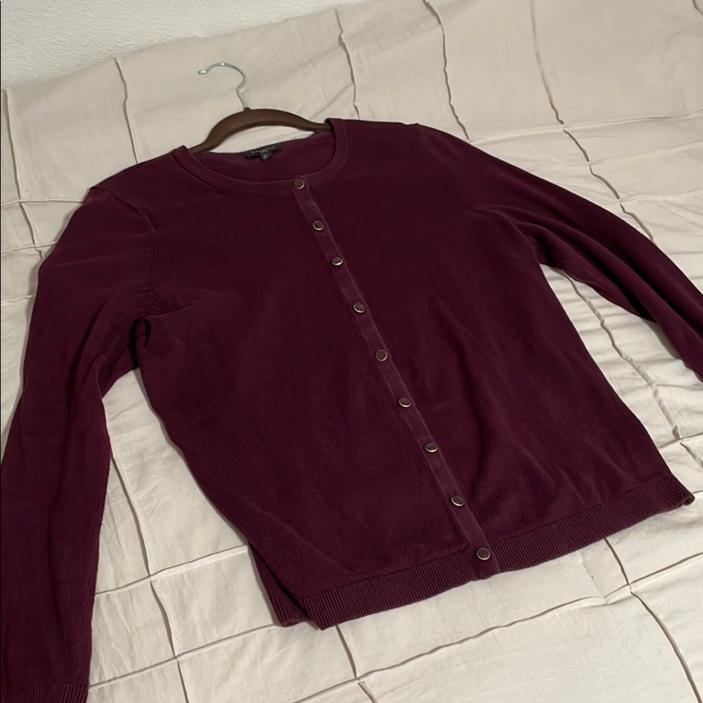 Talbots Burgundy Cardigan Sweater Classic Knit, Size Large Petite